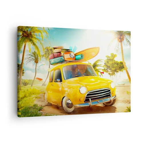 Canvas picture - A yellow car with luggage against a tropical landscape - 70x50cm - Happy Travels - Modern wall decoration for the living room and bedroom ARTTOR