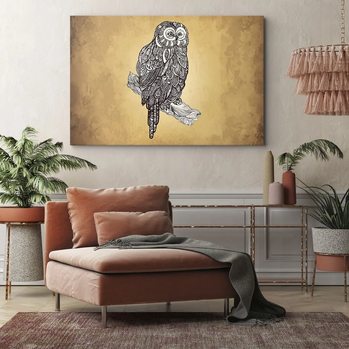 Canvas picture - An owl in an ornamental style on a beige background - 70x50cm - Mysterious Ornaments of Wisdom - Modern wall decoration for the living room and bedroom ARTTOR