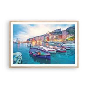 Poster in light oak frame - Colourful Evening in a Port - 91x61 cm