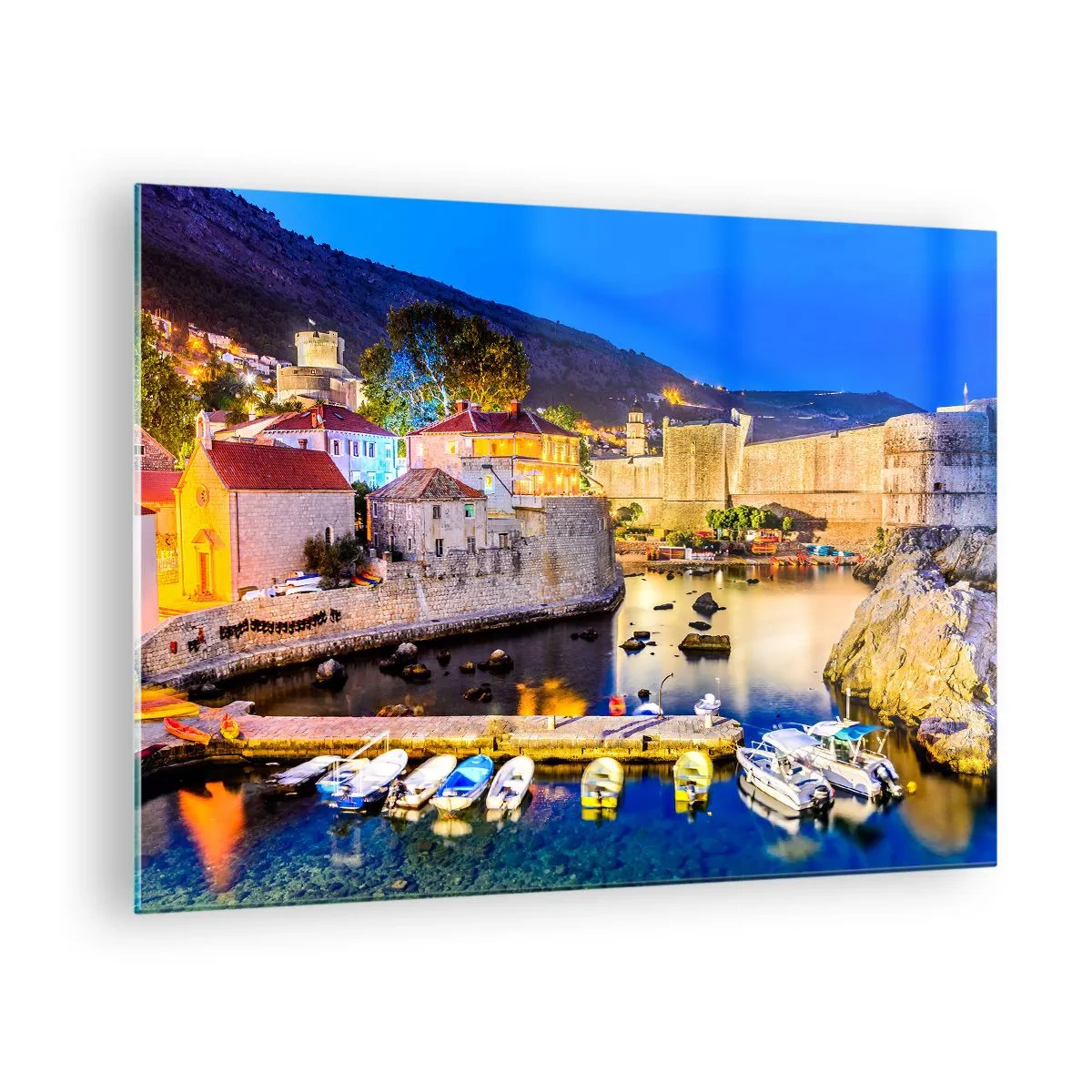 Glass picture - Evening panorama of Dubrovnik with boats and city walls - 70x50cm - Bright Night by the Adriatic Sea - Modern wall decoration for the living room and bedroom ARTTOR