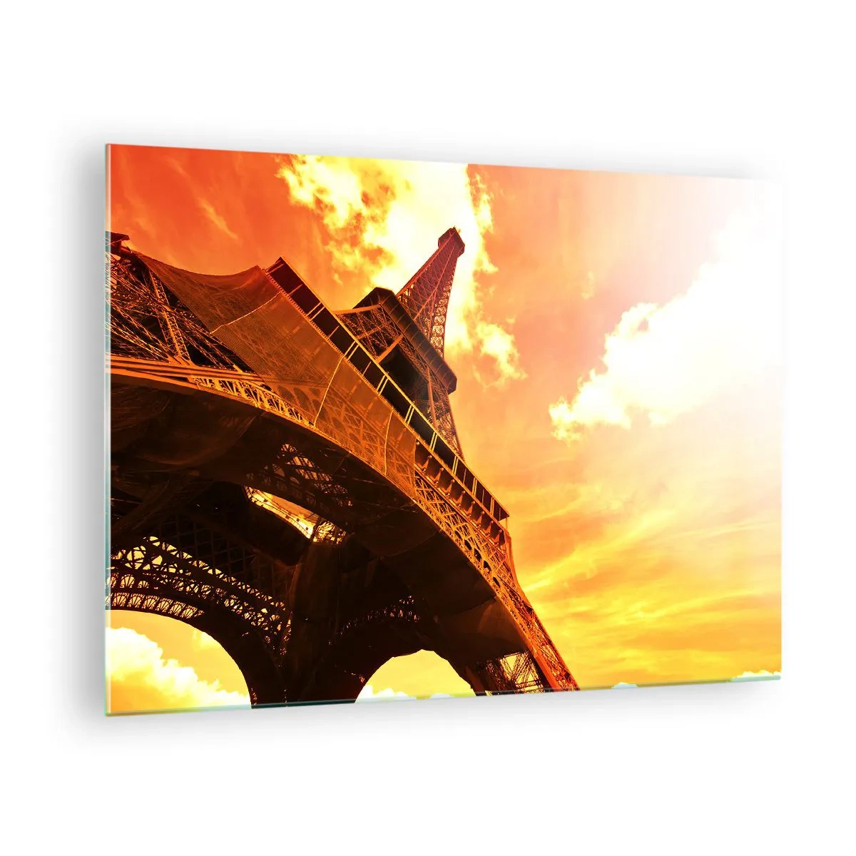 Glass picture - The Eiffel Tower in warm shades of orange at sunset - 70x50cm - Monumental because Gilded by the Sun - Modern wall decoration for the living room and bedroom ARTTOR