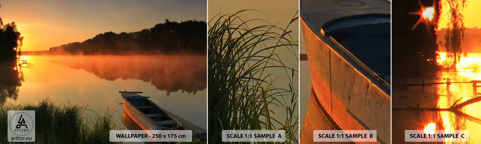 Photo Wallpaper Sample Self-Adhesive Deluxe Sticker - Sunrise by a Mirror-like Water - Landscape, Lake, Morning - 100x30 cm