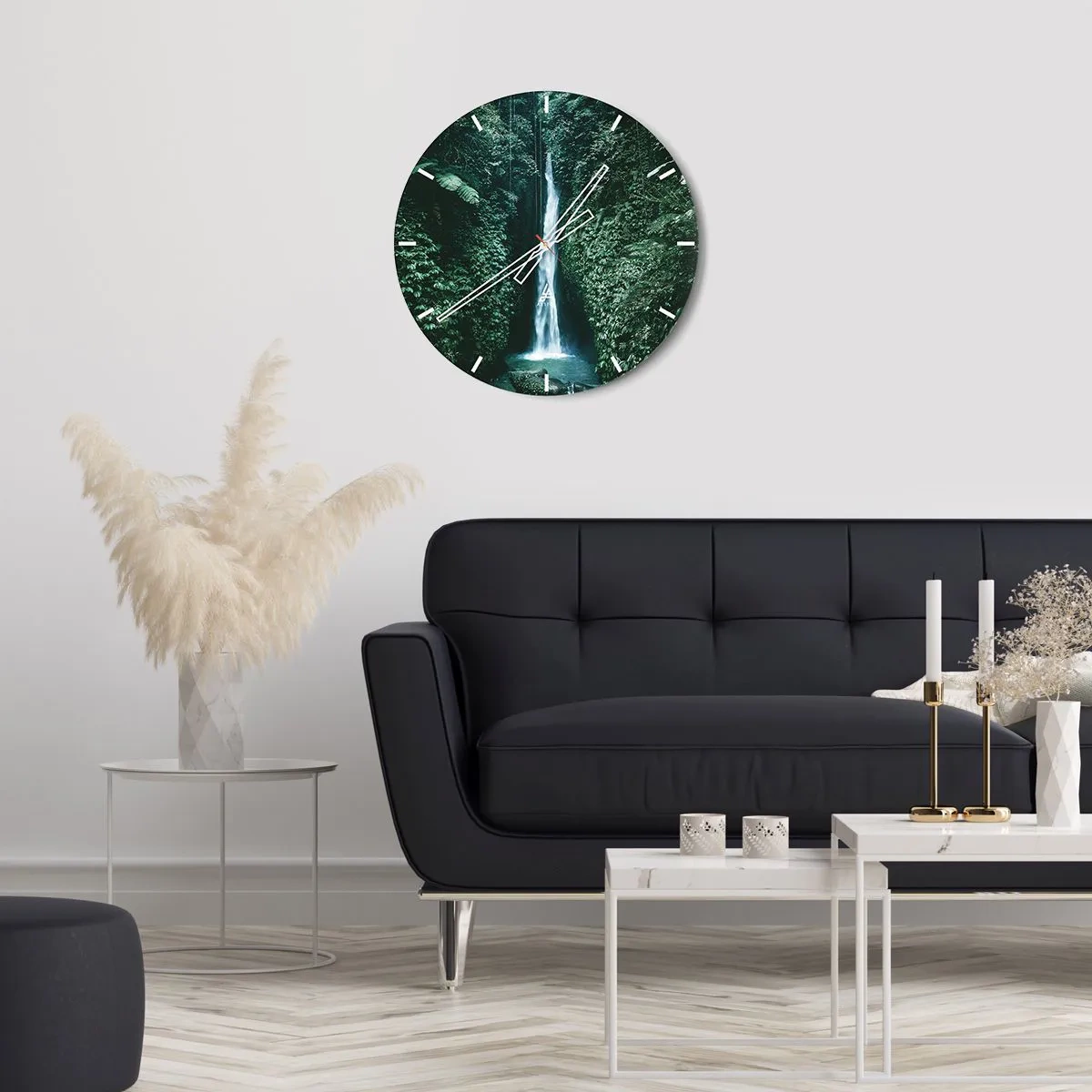 Wall clock - Clock on glass - A waterfall in a tropical forest surrounded by lush greenery - 30x30cm - Tropical Spring - Modern wall decoration for the living room, kitchen, and bedroom ARTTOR
