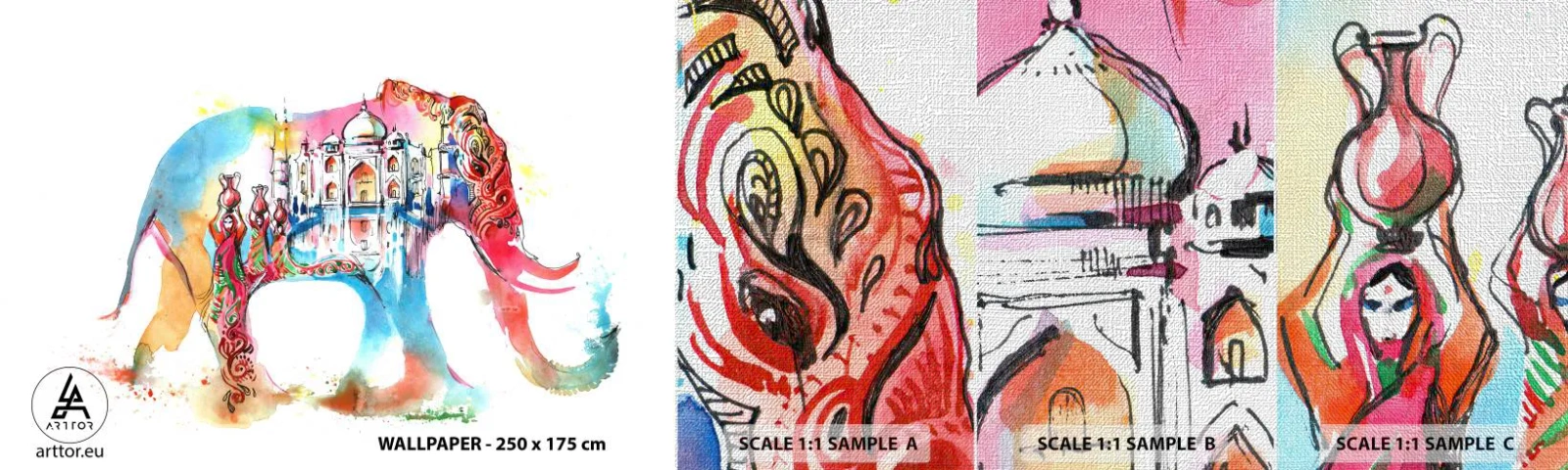 Photo Wallpaper Sample Premium Canvas - India - Atmosphere of Love - Abstraction, Elephant, India - 100x30 cm