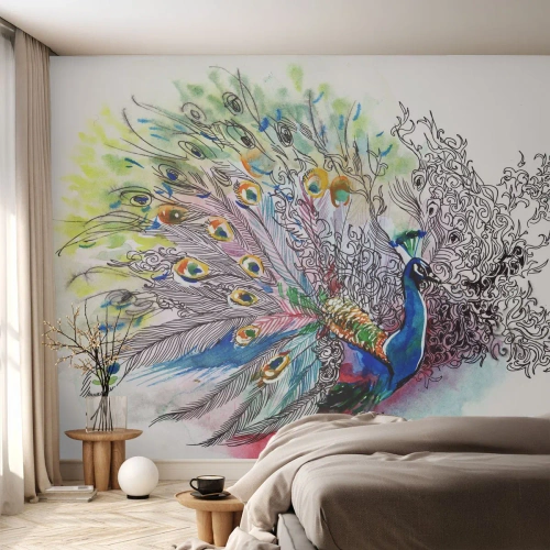 Photo Wallpaper Standard Eco - With Pride against Greyness - Bird, Peacock, Feathers - 150x105 cm