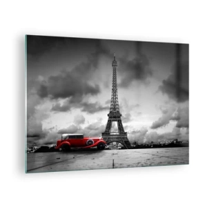Glass picture - A red retro car with the Eiffel Tower in the background in a black and white setting. - 70x50cm - Not So Long Ago in Paris - Modern wall decoration for the living room and bedroom ARTTOR
