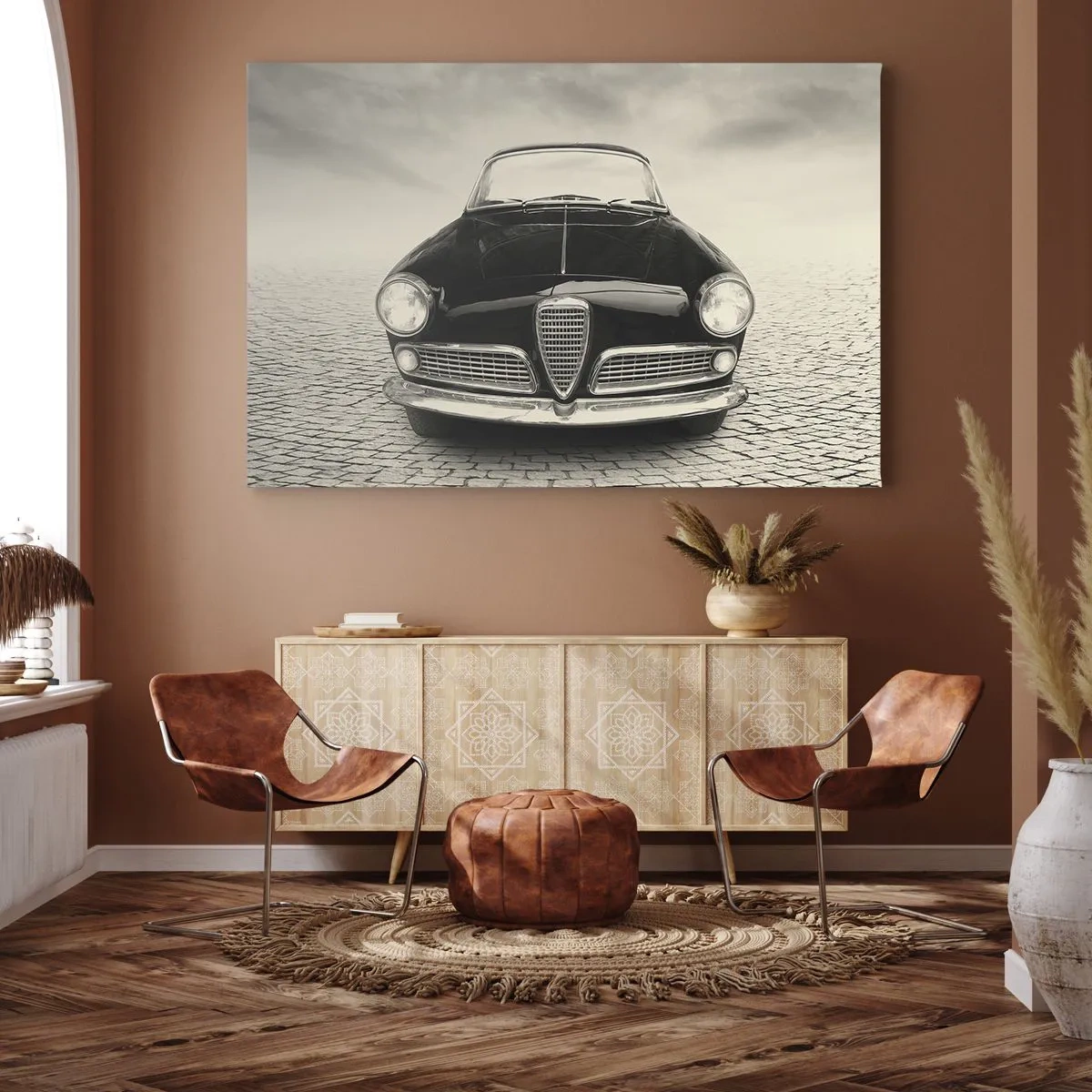 Canvas picture - A classic car on a cobblestone square in a monochromatic style - 70x50cm - How Can You not Love Me? - Modern wall decoration for the living room and bedroom ARTTOR
