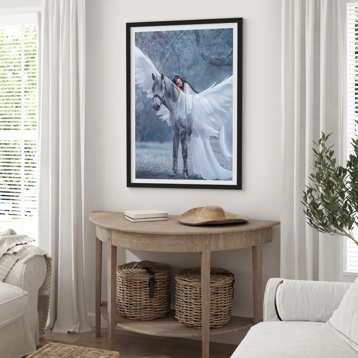 Poster in black frame - Pegasus with white wings and an ethereal figure - 50x70cm - Inspired Moment - Modern wall decoration for the living room and bedroom ARTTOR