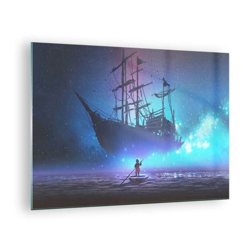 Glass picture - A night ship floating above the water in a magical aura - 70x50cm - Encounter with a Sea Myth - Modern wall decoration for the living room and bedroom ARTTOR