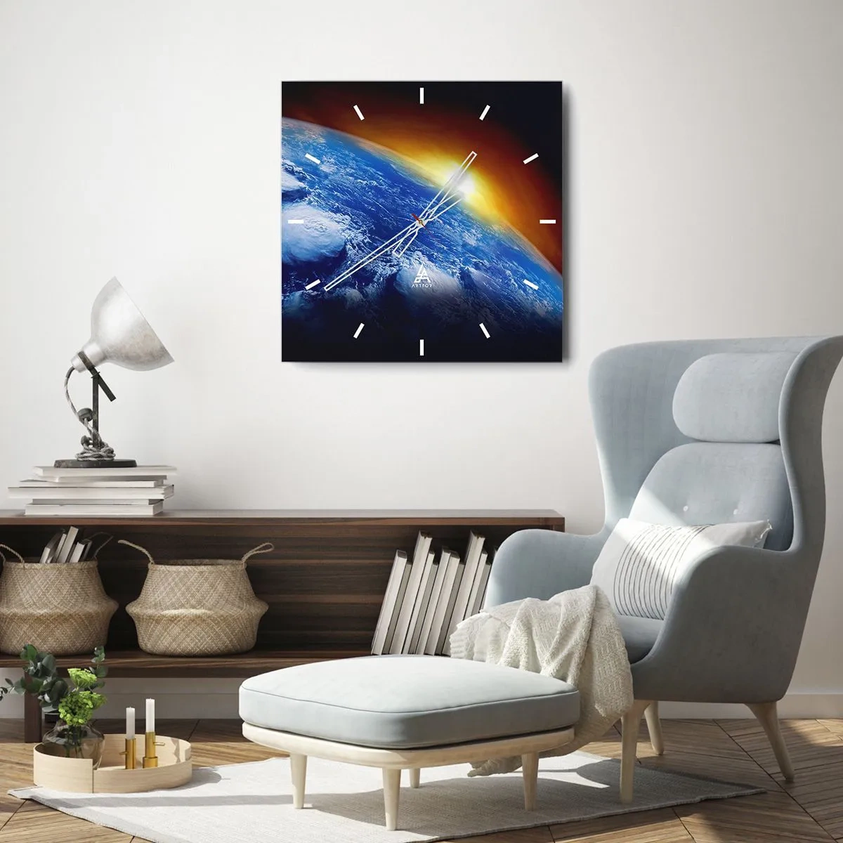 Wall clock - Clock on glass - Sunrise by the Blue Planet - 30x30 cm