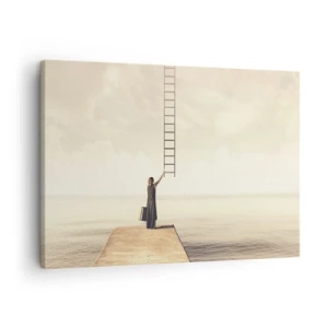Canvas picture - A woman standing on a pier with a ladder leading up to the sky - 70x50cm - Magical Trip - Modern wall decoration for the living room and bedroom ARTTOR