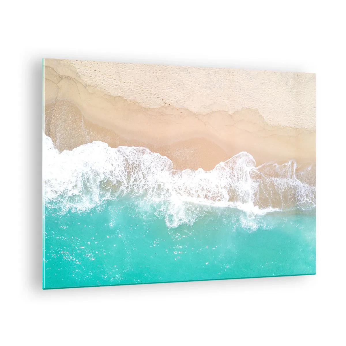 Glass picture - Aerial view of the beach with turquoise water and white waves - 70x50cm - Touch Full of Caress - Modern wall decoration for the living room and bedroom ARTTOR