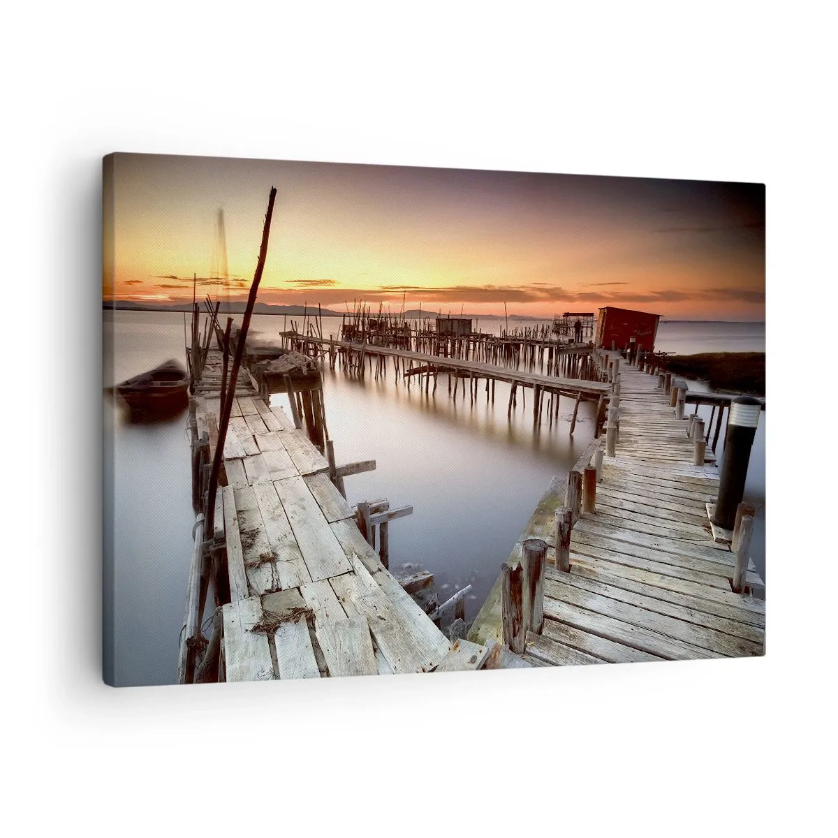 Canvas picture - Wooden jetties on calm water at sunset - 70x50cm - Authentic, Not a Tourist Trap - Modern wall decoration for the living room and bedroom ARTTOR