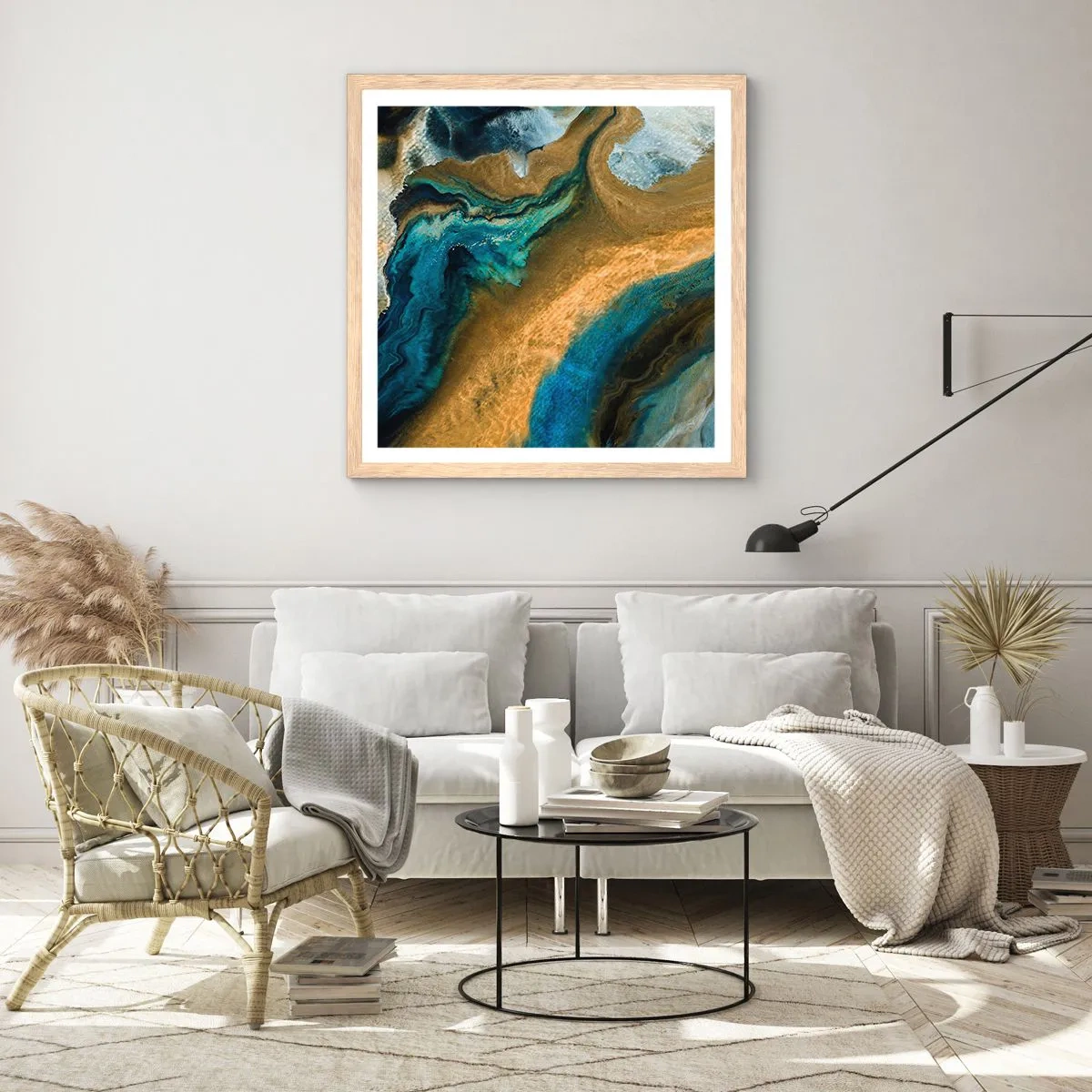 Poster in light oak frame - Blue -Yellow - Mutal Influences - 30x30 cm