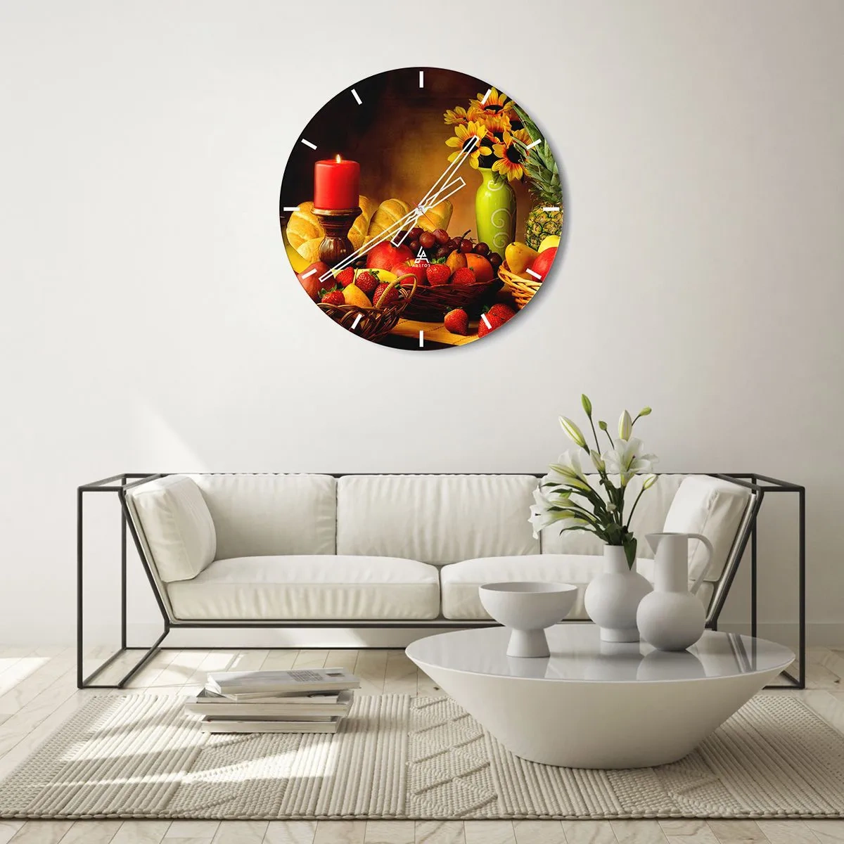 Wall clock - Clock on glass - Still Nature with Bread and Fruit - 30x30 cm