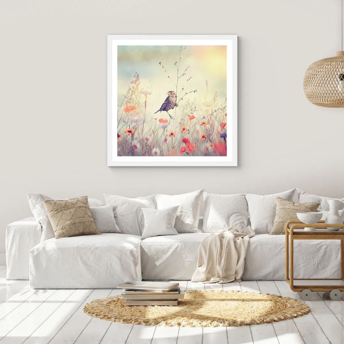 Poster in white frmae - Bird Portrait with a Meadow in the Background - 60x60 cm