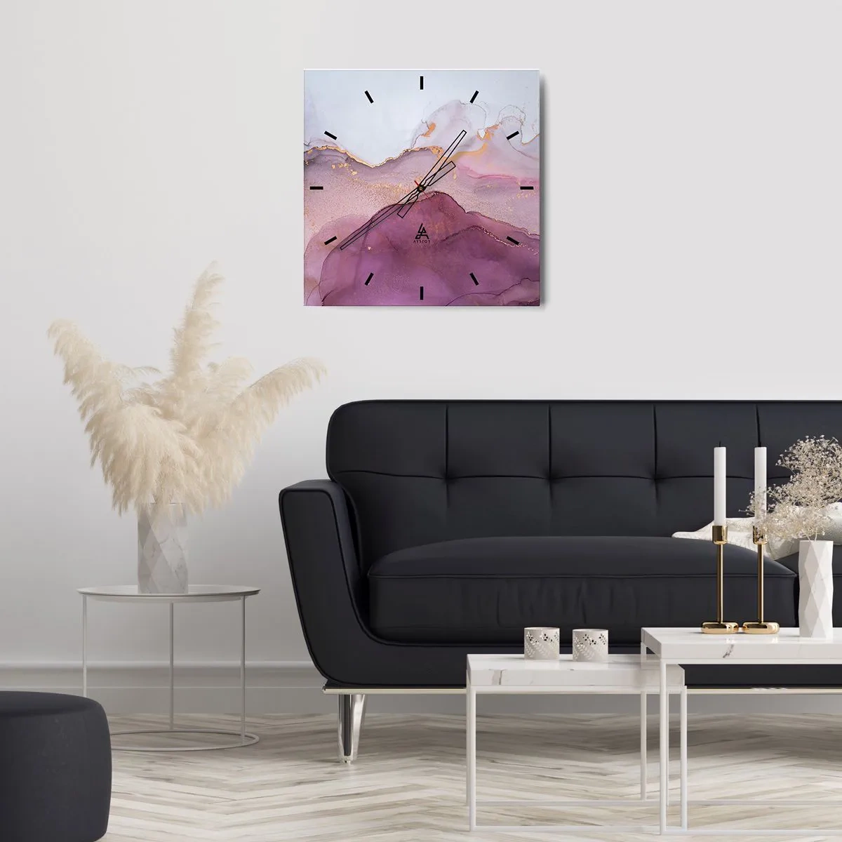 Wall clock - Clock on glass - Waves of Violet and Purple - 40x40 cm