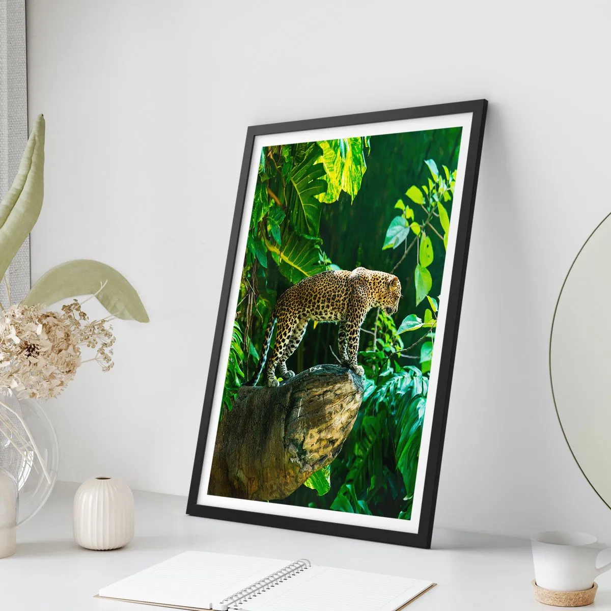 Poster in black frame - A leopard standing on a rock in a tropical forest - 50x70cm - Going Hunting? - Modern wall decoration for the living room and bedroom ARTTOR