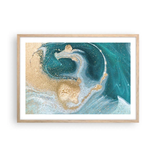 Poster in light oak frame - Swirl of Gold and Turquiose - 70x50 cm