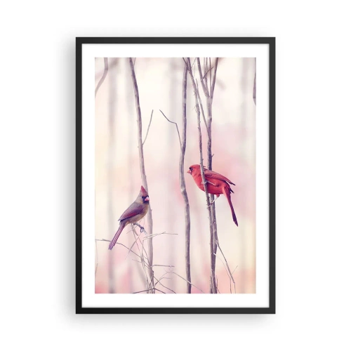 Poster in black frame - A pair of cardinals against a background of delicate branches - 50x70cm - Tale of a Pink Forest - Modern wall decoration for the living room and bedroom ARTTOR