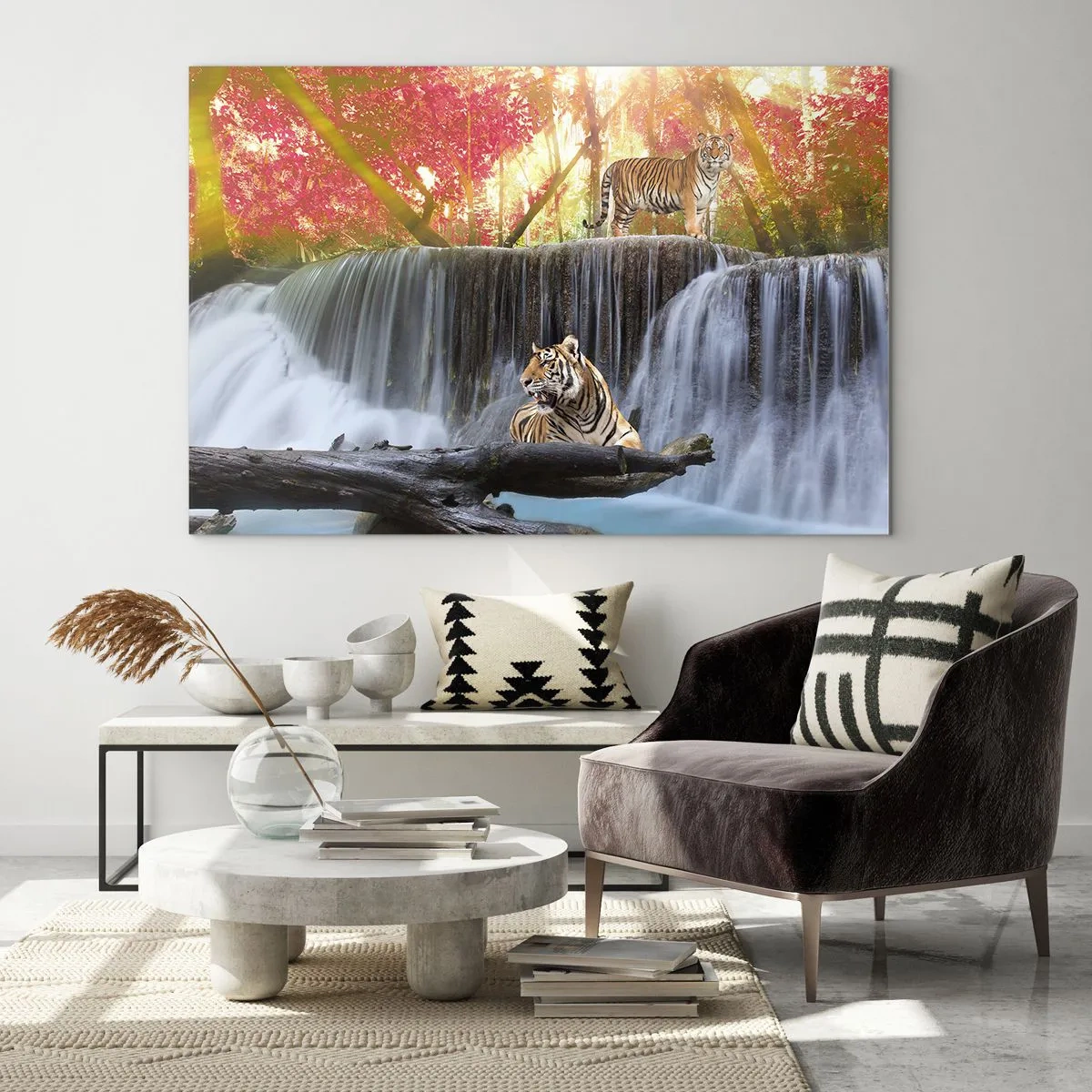 Glass picture - Tigers against a waterfall and autumn scenery - 70x50cm - Surrealistic Landscape - Modern wall decoration for the living room and bedroom ARTTOR