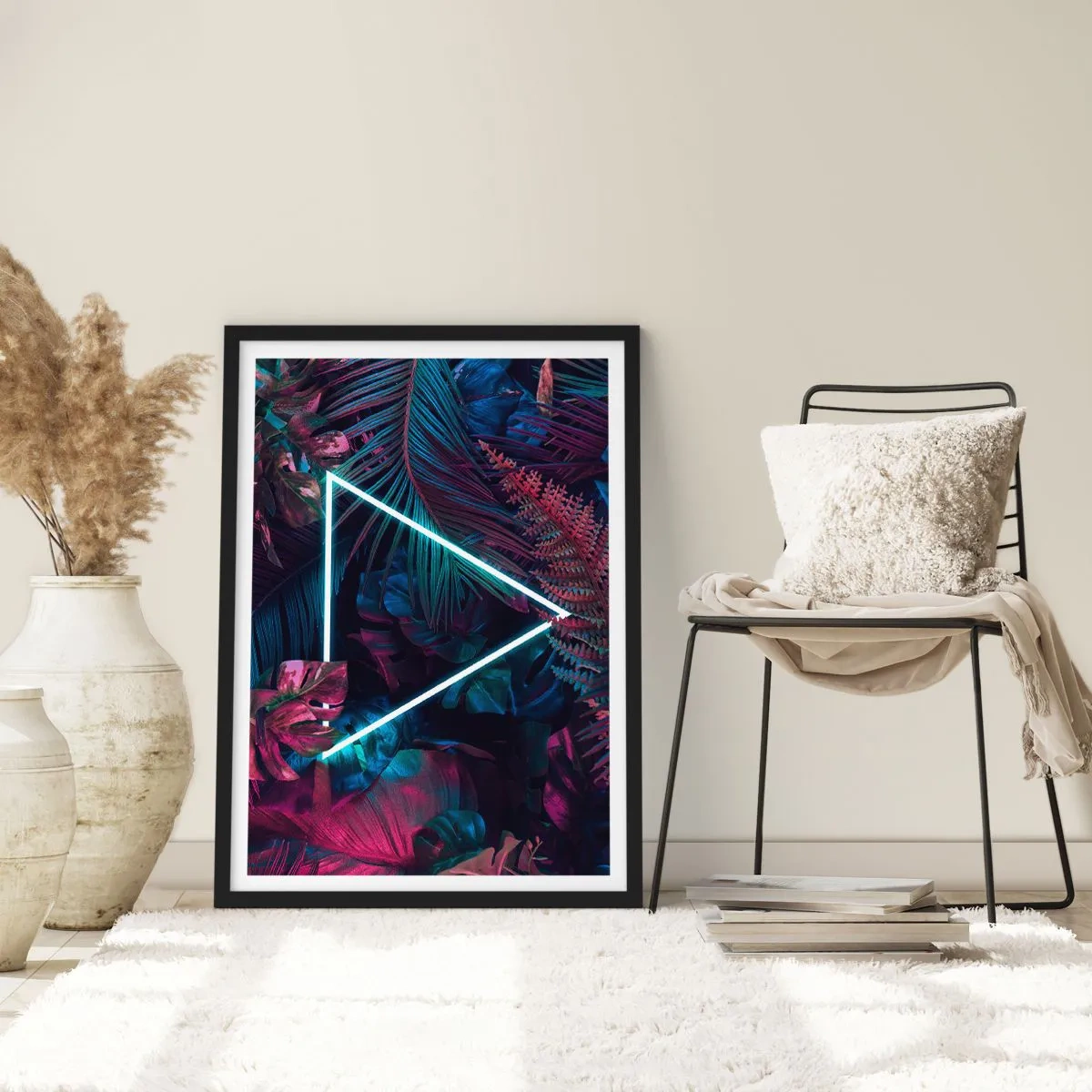 Poster in black frame - A neon triangle against a background of dark tropical vegetation. - 50x70cm - Disco Style Garden - Modern wall decoration for the living room and bedroom ARTTOR