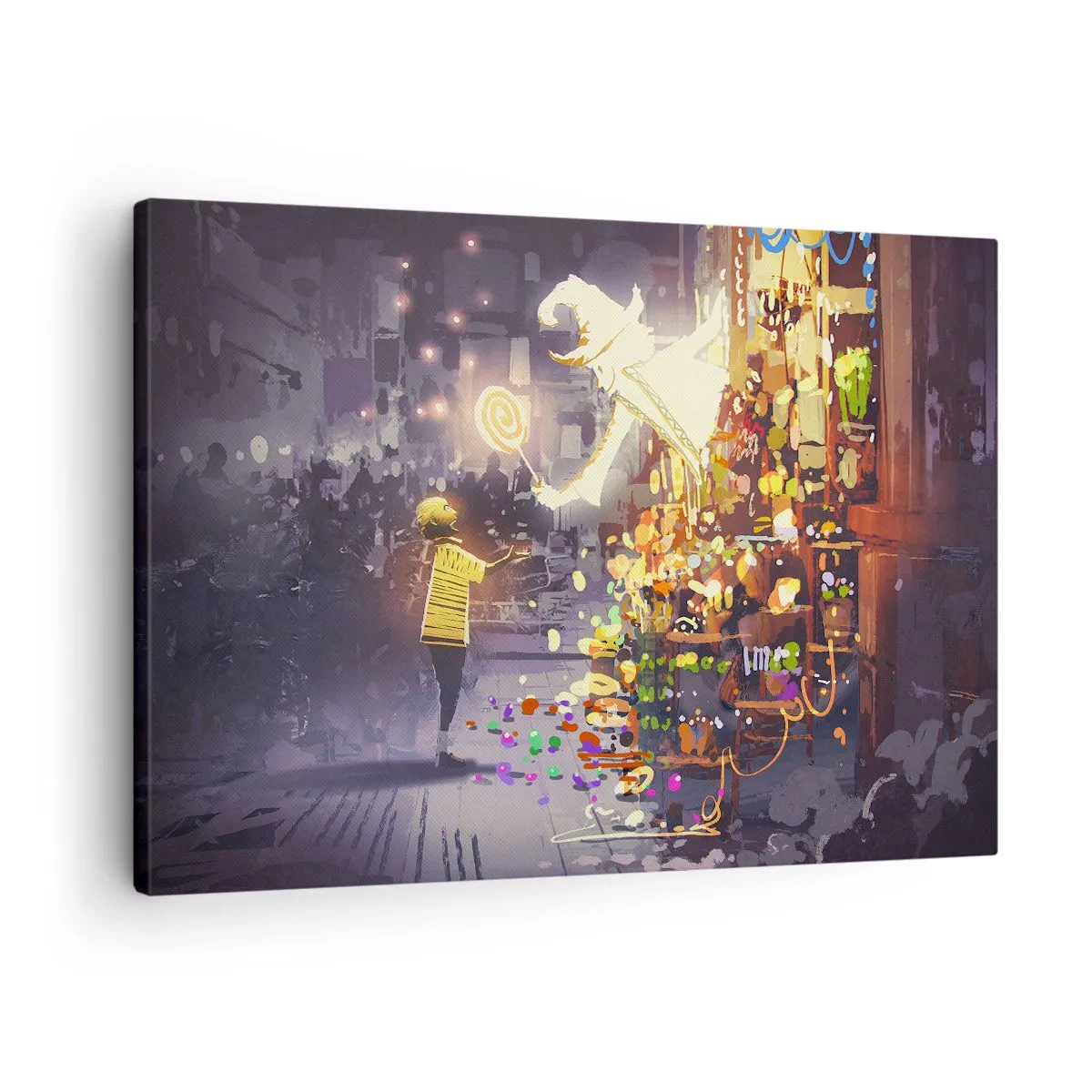 Canvas picture - A fairy tale character and a child on a street full of lights and magic - 70x50cm - Magic Exists - Modern wall decoration for the living room and bedroom ARTTOR