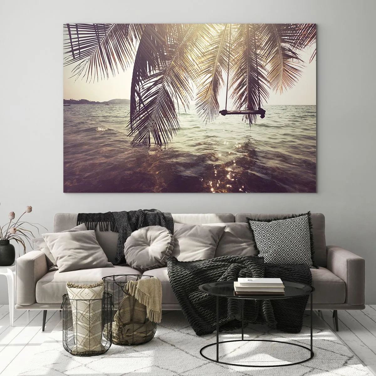 Glass picture - A beach with palm trees and a swing over a calm sea - 70x50cm - You Can Dream as Much as You Wish - Modern wall decoration for the living room and bedroom ARTTOR