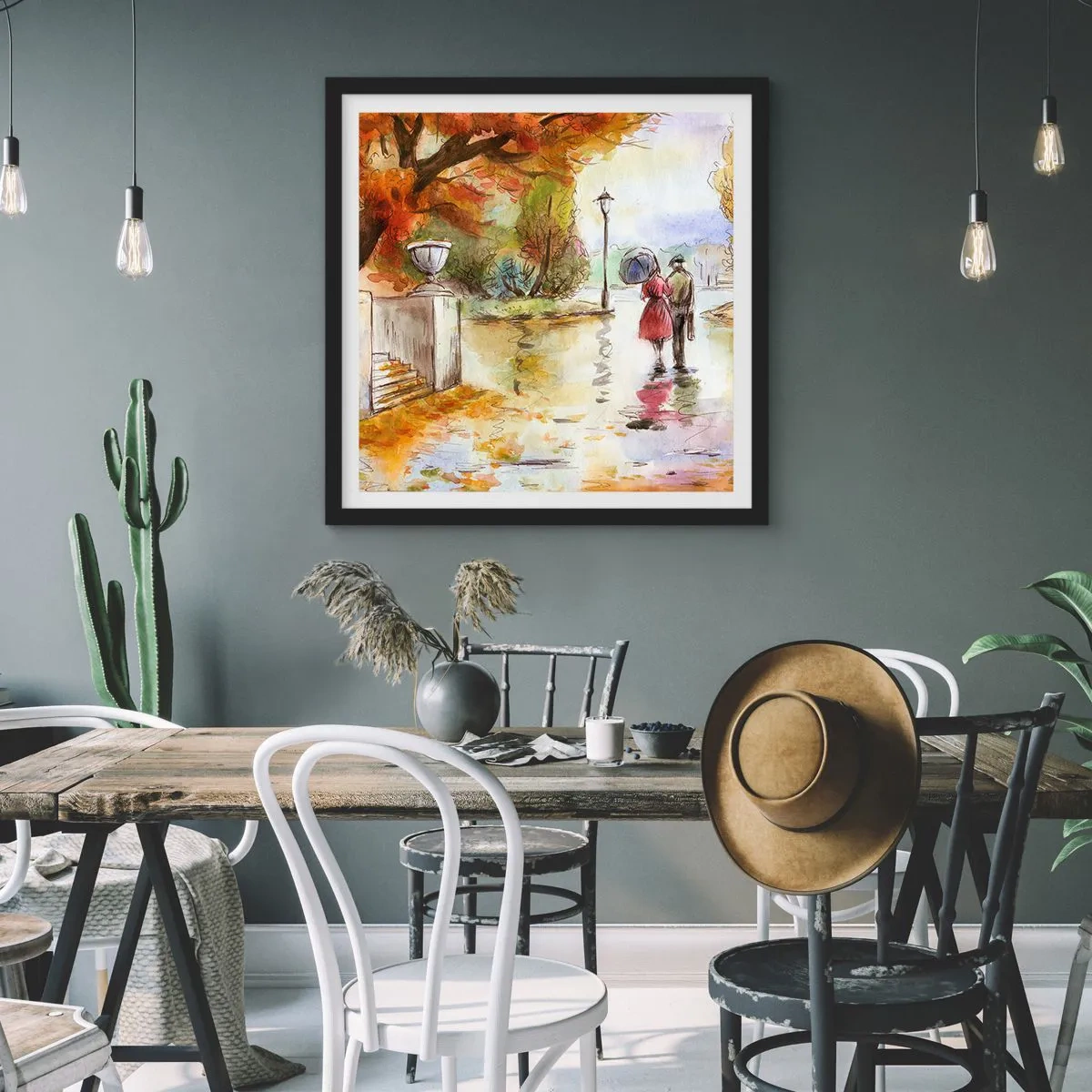 Poster in black frame - Romantic Autumn in a Park - 50x50 cm