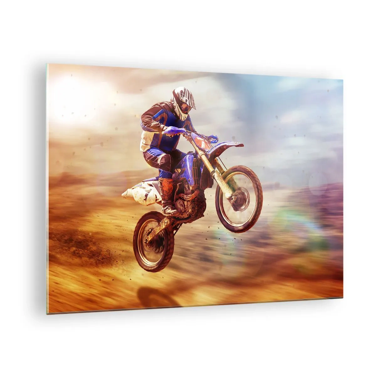 Glass picture - A motorcyclist flying over sandy terrain - 70x50cm - Motorcycle Dizziness - Modern wall decoration for the living room and bedroom ARTTOR