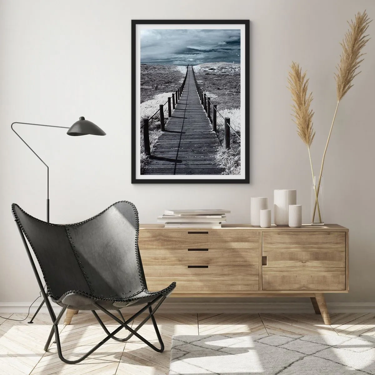 Poster in black frame - A wooden path into the unknown - 50x70cm - To the Shore - Modern wall decoration for the living room and bedroom ARTTOR