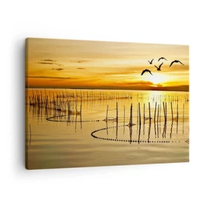 Canvas picture - Sunset over the water with birds in flight - 70x50cm - At a Fishery - Modern wall decoration for the living room and bedroom ARTTOR