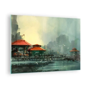 Glass picture - Port buildings with red roofs against the fog - 70x50cm - Gloomy Day at the Port - Modern wall decoration for the living room and bedroom ARTTOR
