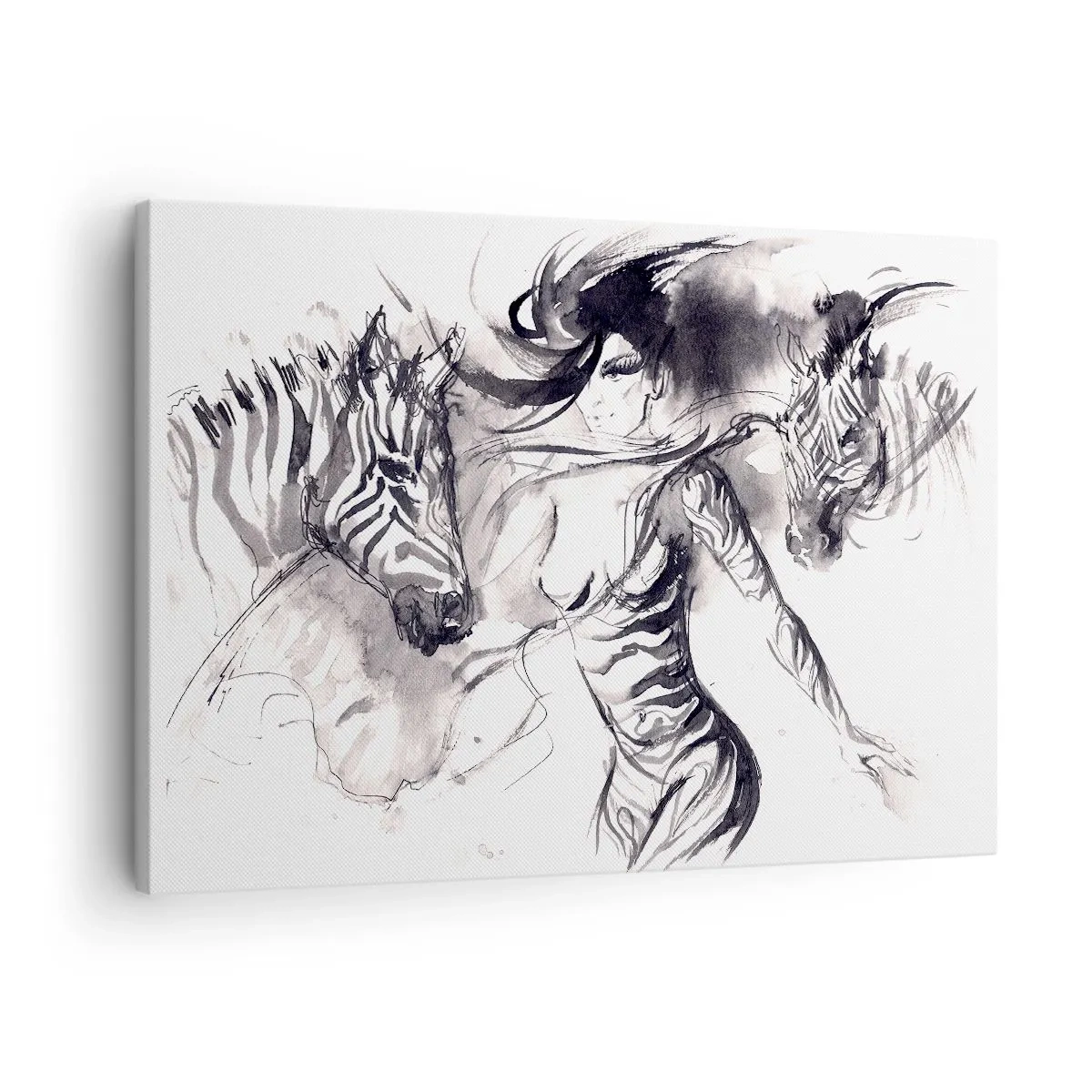 Canvas picture - A woman in a dynamic dance with zebras in a black and white aesthetic - 70x50cm - Dancing With Zebras - Modern wall decoration for the living room and bedroom ARTTOR