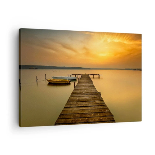 Canvas picture - Wooden jetty and boats on the lake at sunset - 70x50cm - I Will Open up Golden Sky before You - Modern wall decoration for the living room and bedroom ARTTOR