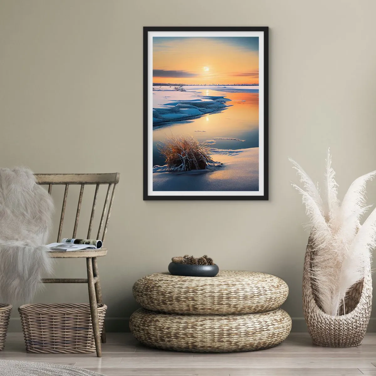 Poster in black frame - Winter landscape with a river at sunset - 50x70cm - Winter Sunset - Modern wall decoration for the living room and bedroom ARTTOR