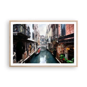 Poster in light oak frame - Venetian View with a Gondola and a Bridge - 91x61 cm