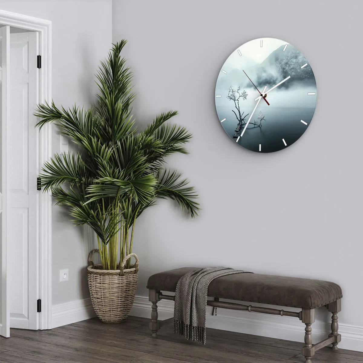 Wall clock - Clock on glass - A tree on a flooded footbridge amidst fog and mountains - 30x30cm - From Water and Fog - Modern wall decoration for the living room, kitchen, and bedroom ARTTOR