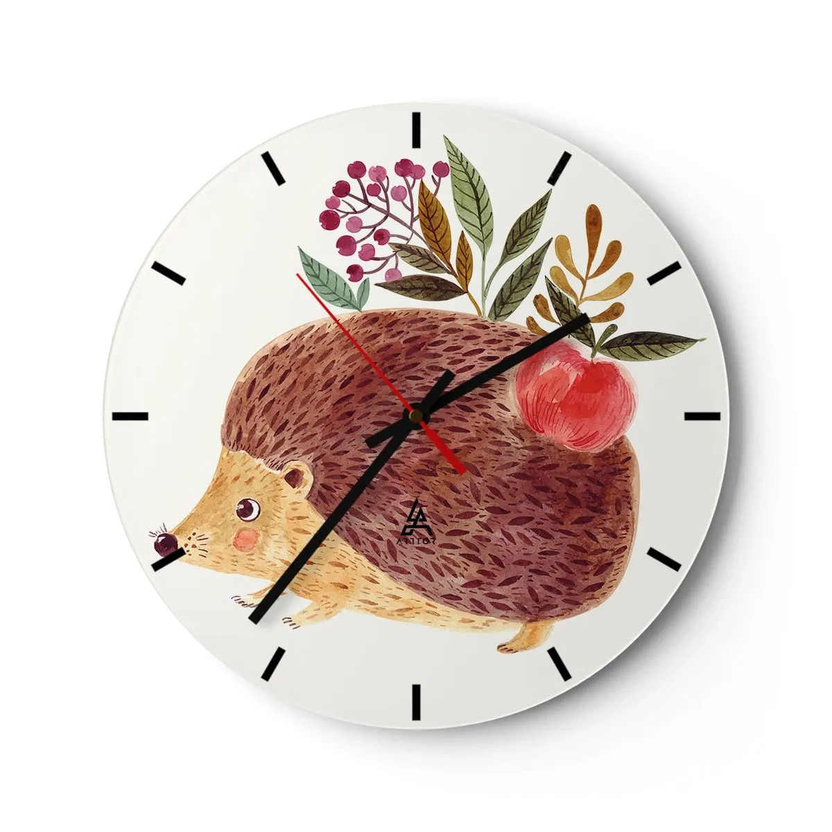Wall clock - Clock on glass - Hedgehog with an apple and twigs on a light background - 30x30cm - And Now You Like Me! - Modern wall decoration for the living room, kitchen, and bedroom ARTTOR