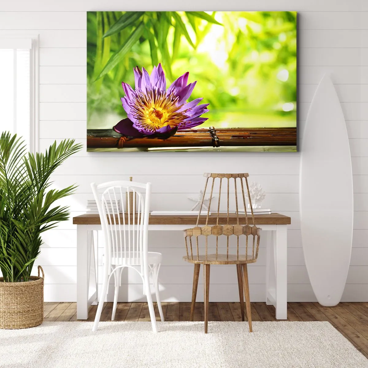 Canvas picture - Purple lotus flower against a background of green bamboo leaves - 70x50cm - In the Asian Sun - Modern wall decoration for the living room and bedroom ARTTOR