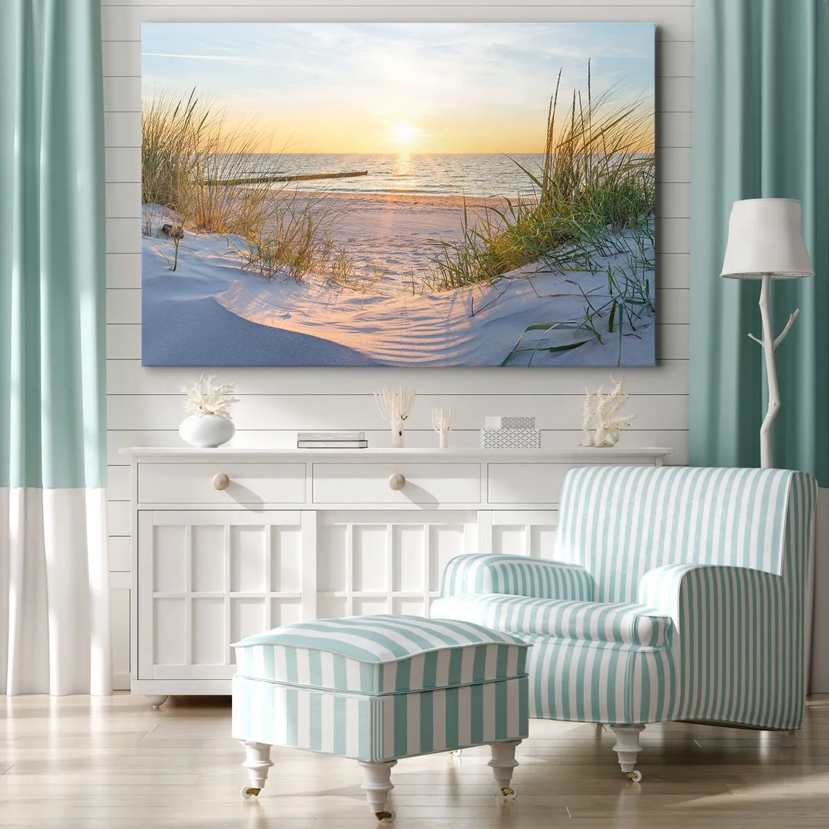 Canvas picture - A sandy beach with a view of the sun setting over the sea - 70x50cm - Sound of the Sea, Singing of the Birds, Wild Beach among Grass - Modern wall decoration for the living room and bedroom ARTTOR