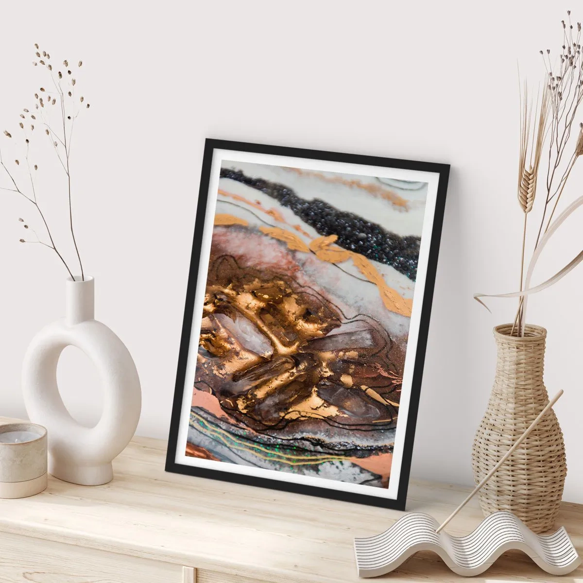 Poster in black frame - An abstract pattern in shades of gold, black and white, inspired by nature. - 50x70cm - Element of the Earth - Modern wall decoration for the living room and bedroom ARTTOR