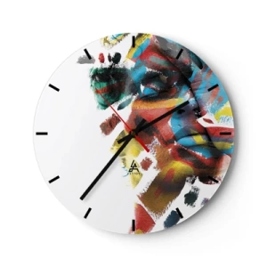 Wall clock - Clock on glass - Colorful abstraction of a face with intense paint strokes - 30x30cm - Colourful Personality - Modern wall decoration for the living room, kitchen, and bedroom ARTTOR
