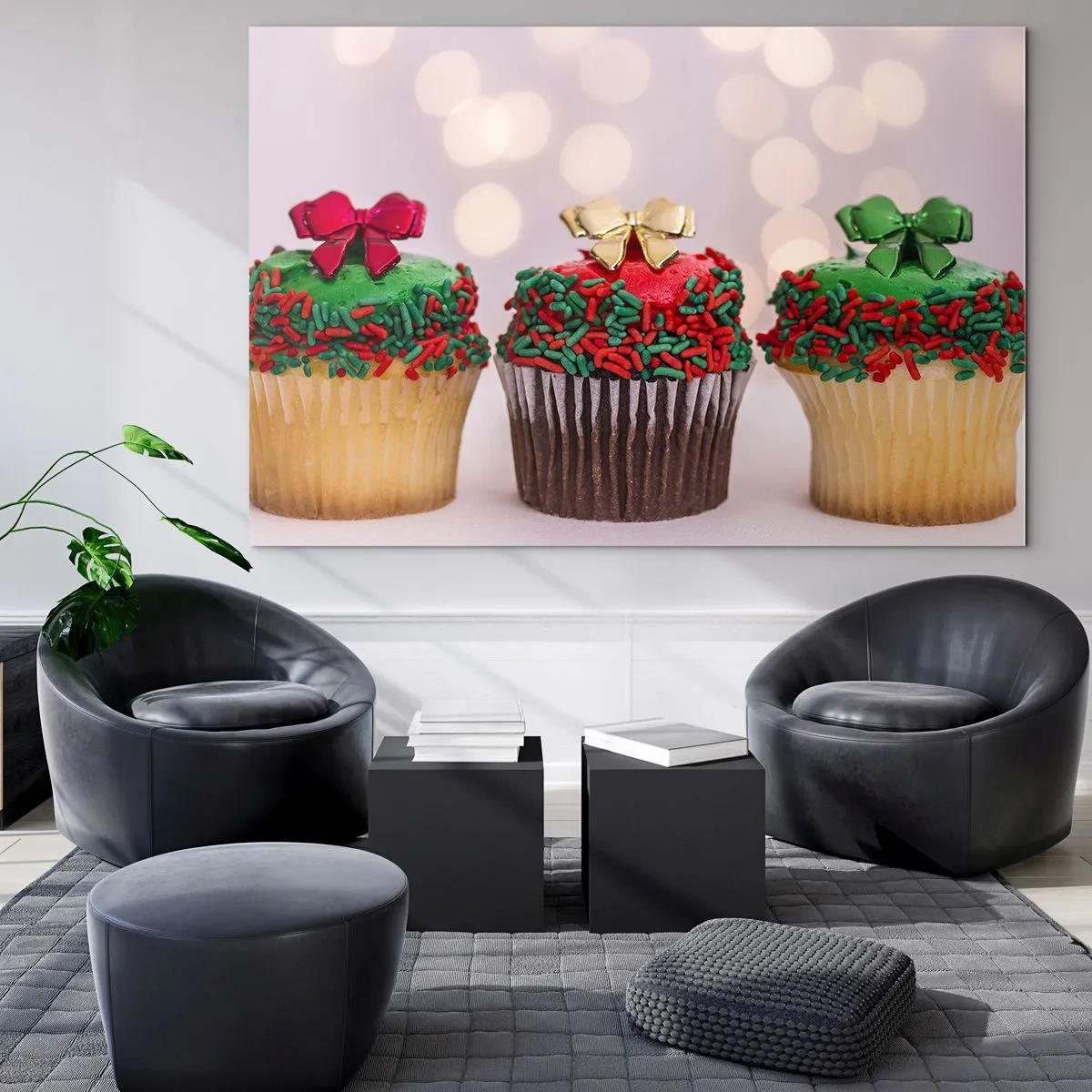 Glass picture - Christmas cupcakes with bow decorations - 70x50cm - Cakes with a Bow - Modern wall decoration for the living room and bedroom ARTTOR
