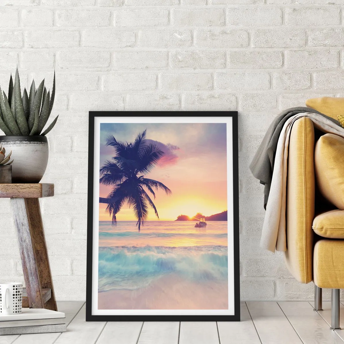 Poster in black frame - Palm tree on the beach during sunset - 50x70cm - Evening in a Bay - Modern wall decoration for the living room and bedroom ARTTOR