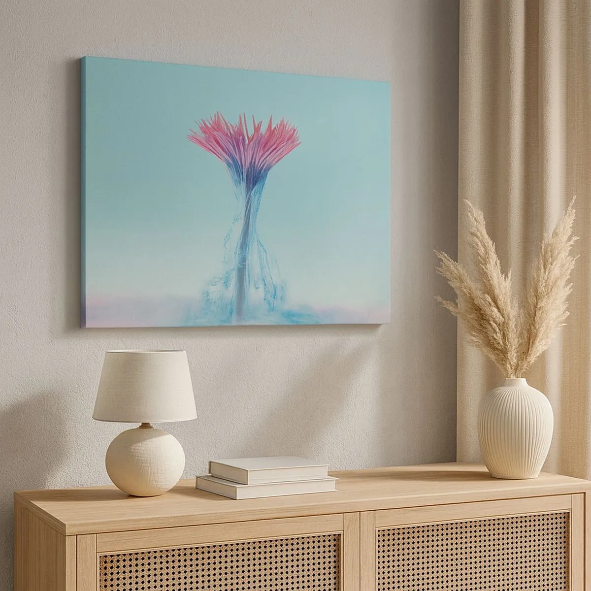 Canvas picture - A pink and blue flower in an artistic arrangement against a pastel background - 70x50cm - In a Lively Embrace - Modern wall decoration for the living room and bedroom ARTTOR
