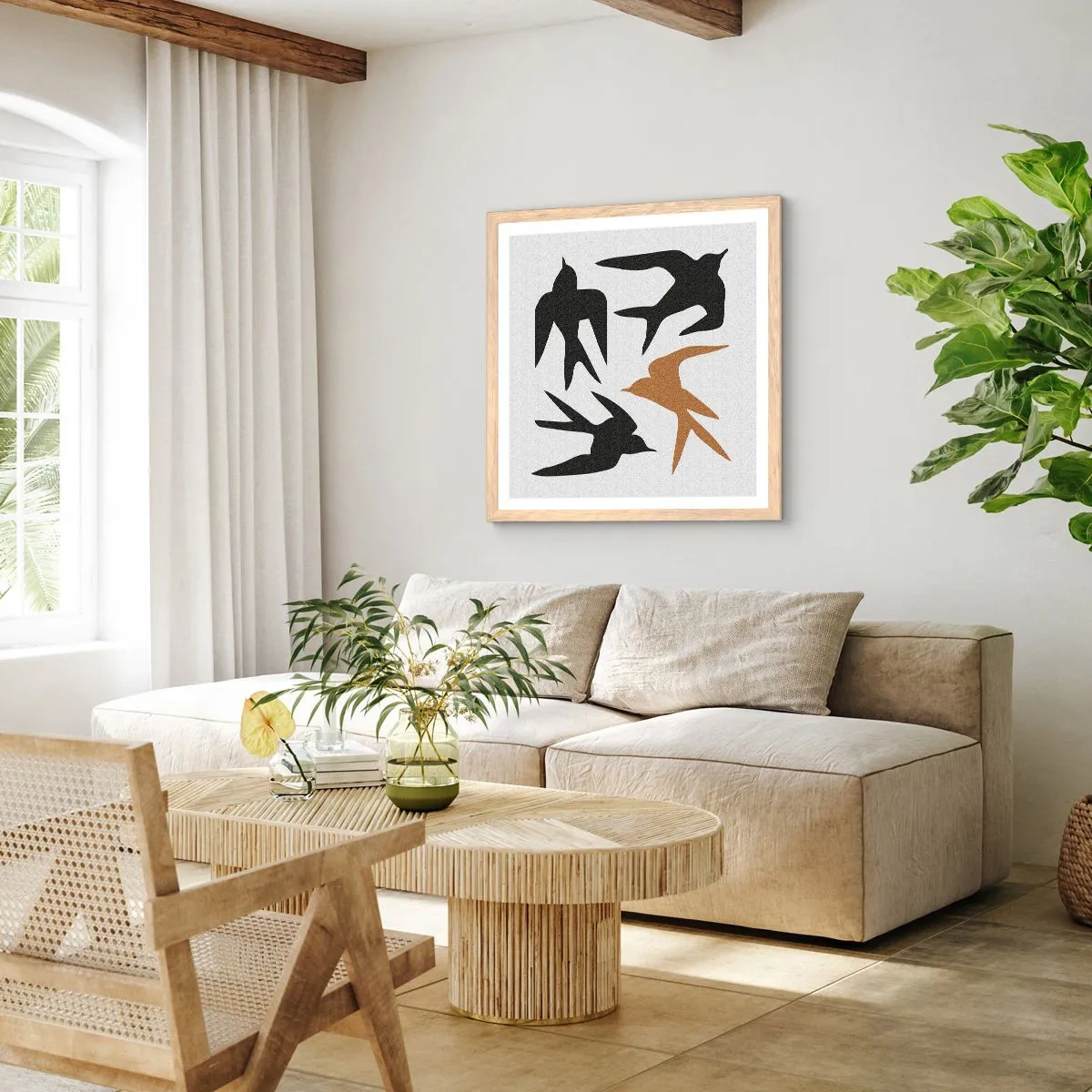 Poster in light oak frame - Swallows at Play - 60x60 cm