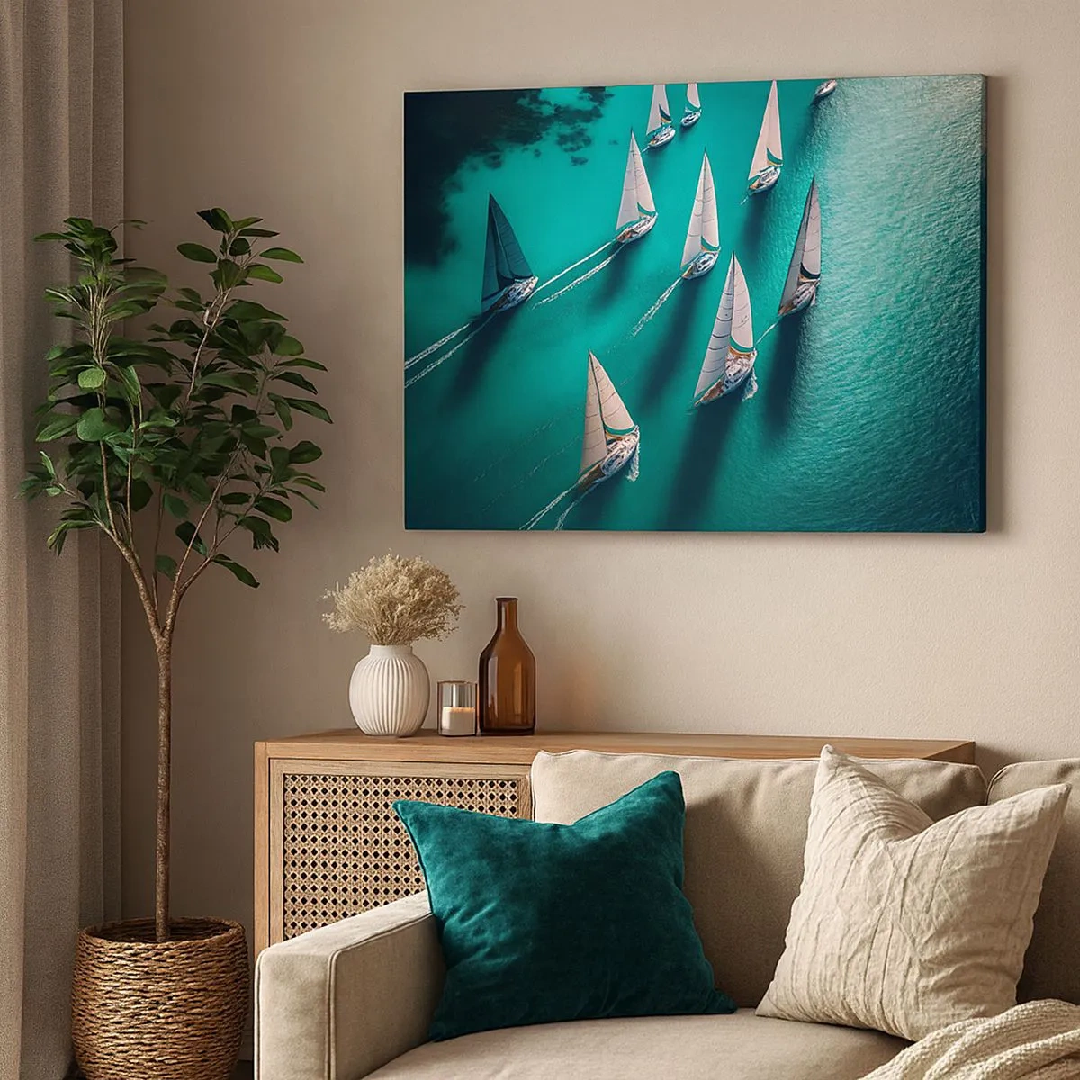 Canvas picture - Yachts on turquoise water in dynamic motion - 70x50cm - Competing with the Wind - Modern wall decoration for the living room and bedroom ARTTOR