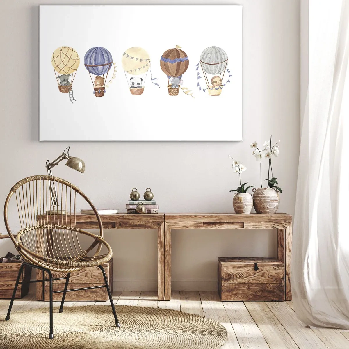 Canvas picture - Cute animals in balloons on a white background - 70x50cm - Friends in Travel - Modern wall decoration for the living room and bedroom ARTTOR