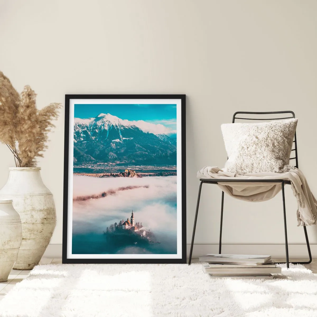 Poster in black frame - A church on an island surrounded by fog with a mountain backdrop - 50x70cm - Beginning of a Fairy Tale - Modern wall decoration for the living room and bedroom ARTTOR